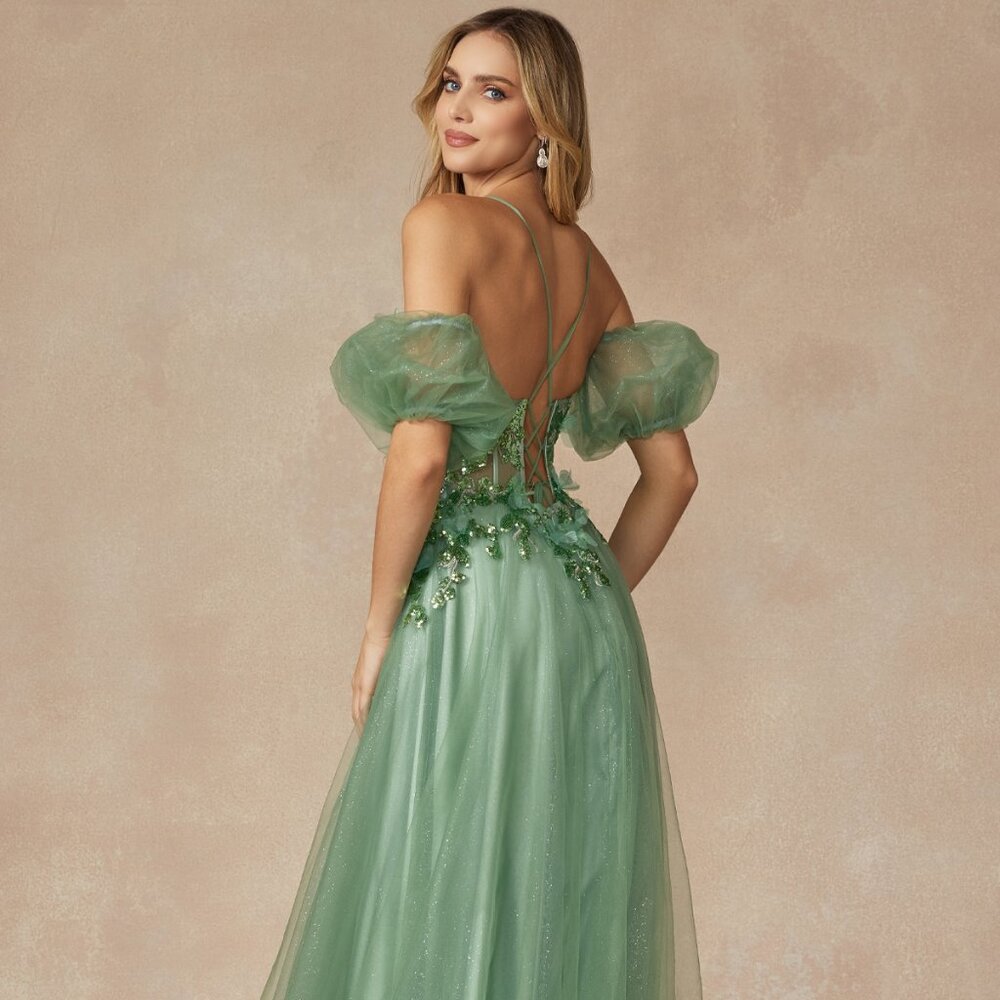 NEW FLOOR LENGTH OFF SHOULDER A-LINE DRESS WITH REMOVABLE PUFF SLEEVES JT 2401 - Picture 9 of 11